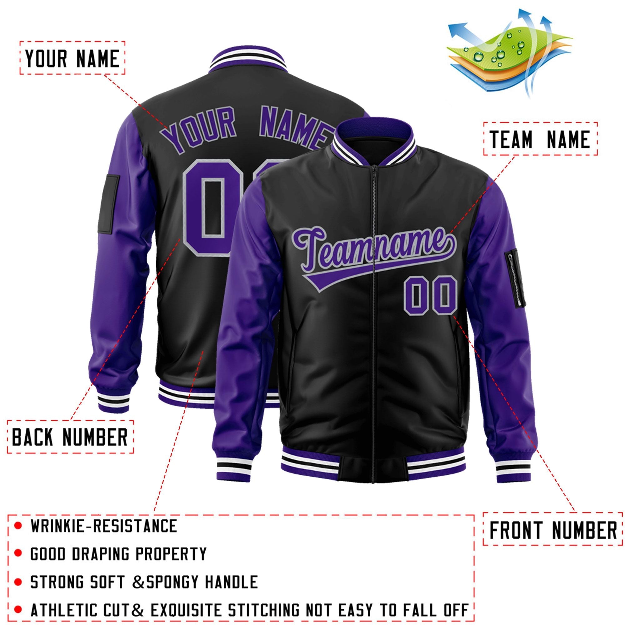 Custom Black Purple-Gray Varsity Full-Zip Raglan Sleeves Letterman Bomber Jacket