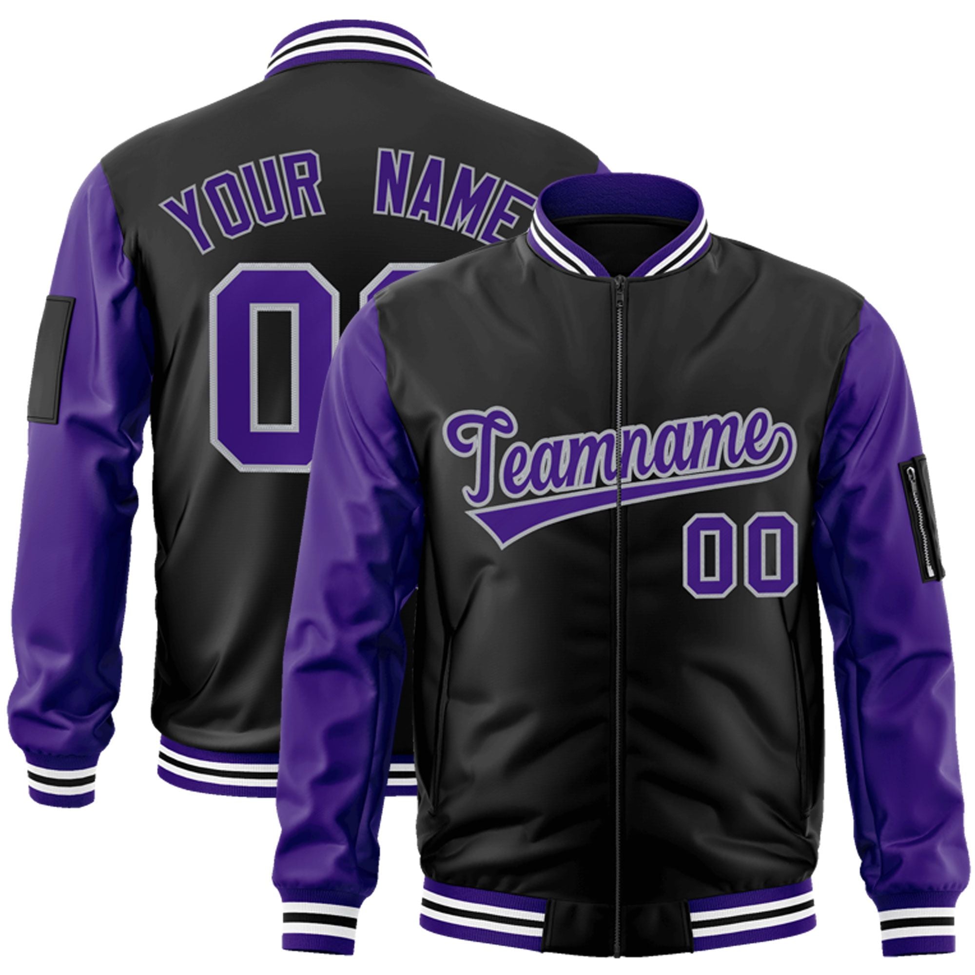 Custom Black Purple-Gray Varsity Full-Zip Raglan Sleeves Letterman Bomber Jacket