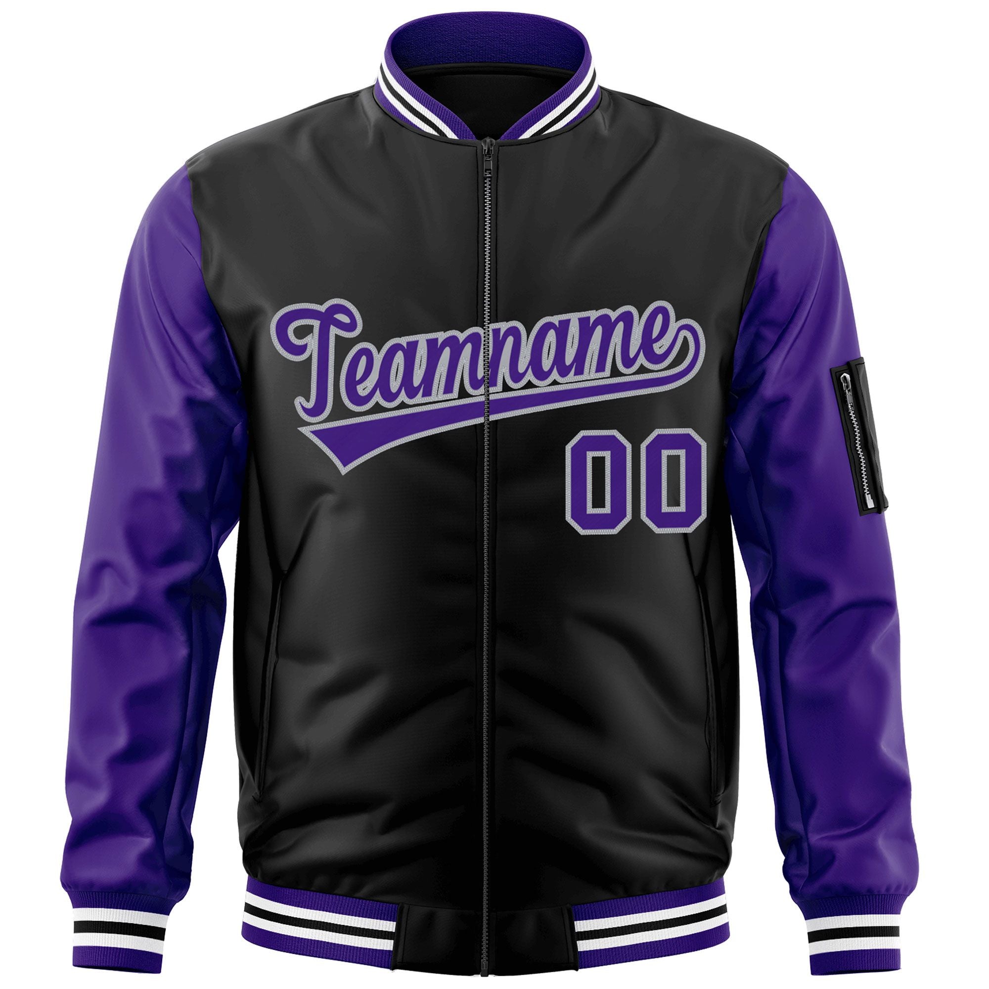 Custom Black Purple-Gray Varsity Full-Zip Raglan Sleeves Letterman Bomber Jacket