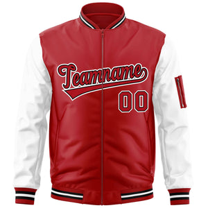 Custom Red White-Black Varsity Full-Zip Raglan Sleeves Letterman Bomber Jacket