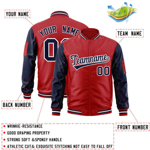 Custom Red Navy-White Varsity Full-Zip Raglan Sleeves Letterman Bomber Jacket