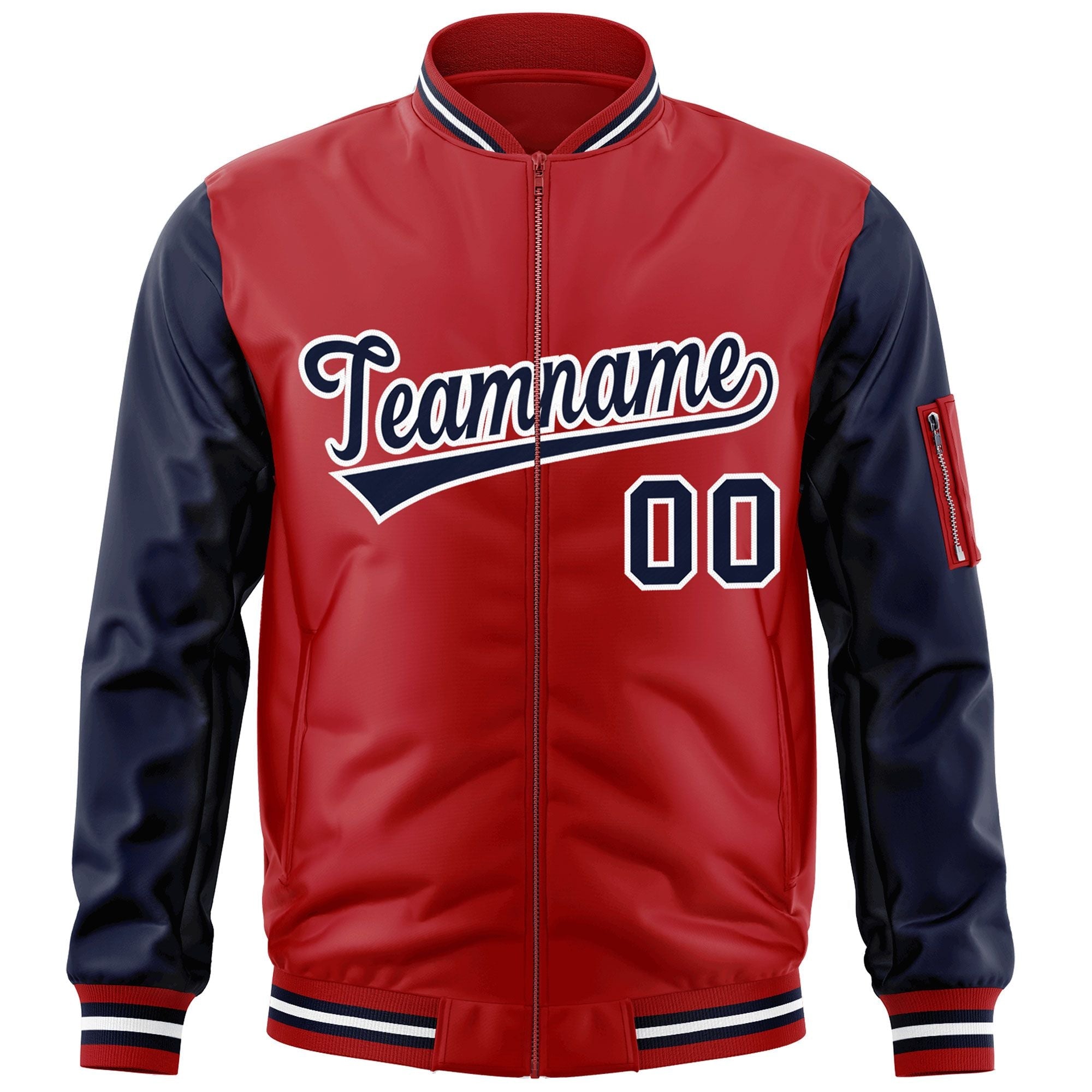 Custom Red Navy-White Varsity Full-Zip Raglan Sleeves Letterman Bomber Jacket