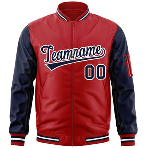 Custom Red Navy-White Varsity Full-Zip Raglan Sleeves Letterman Bomber Jacket