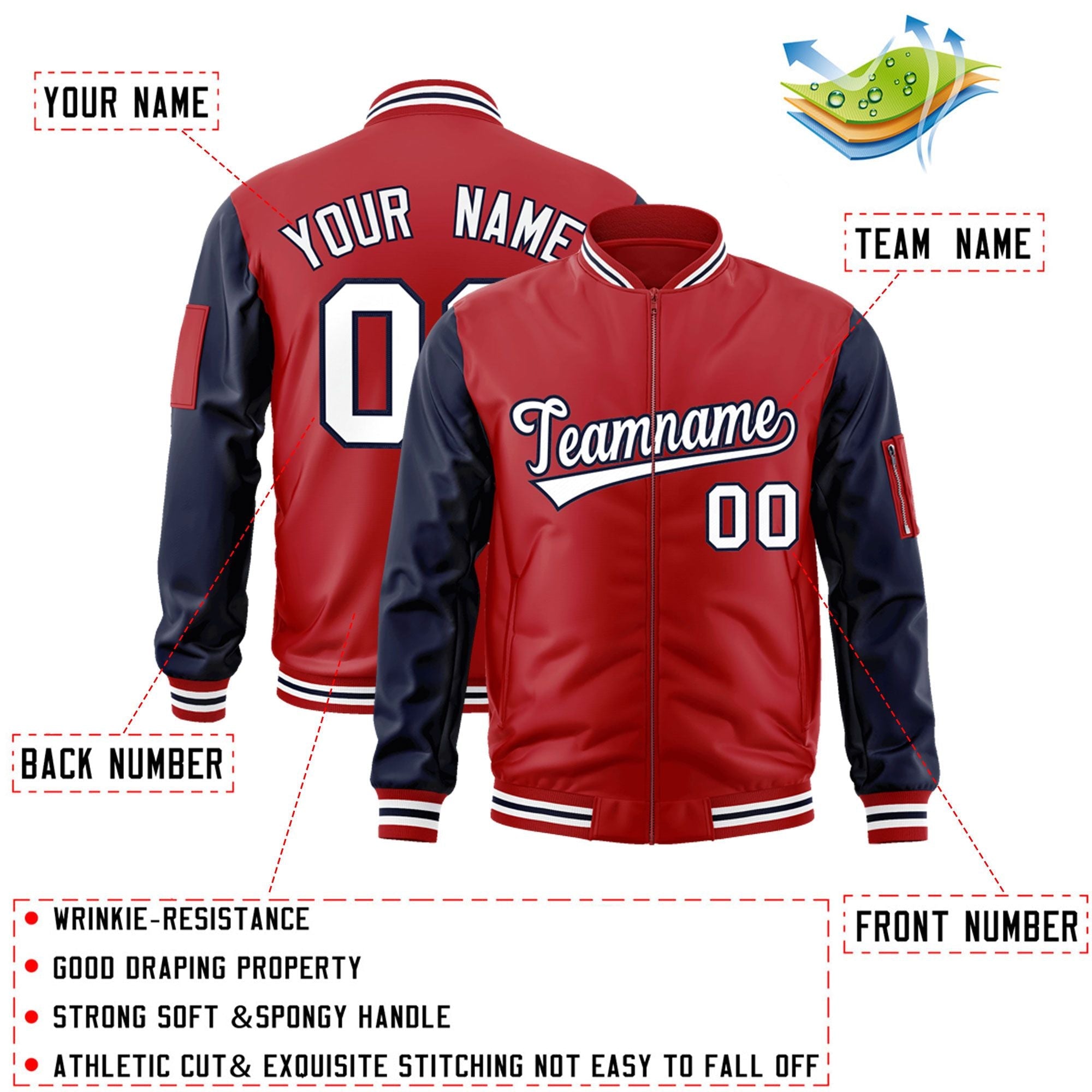 Custom Red Navy-White Varsity Full-Zip Raglan Sleeves Letterman Bomber Jacket