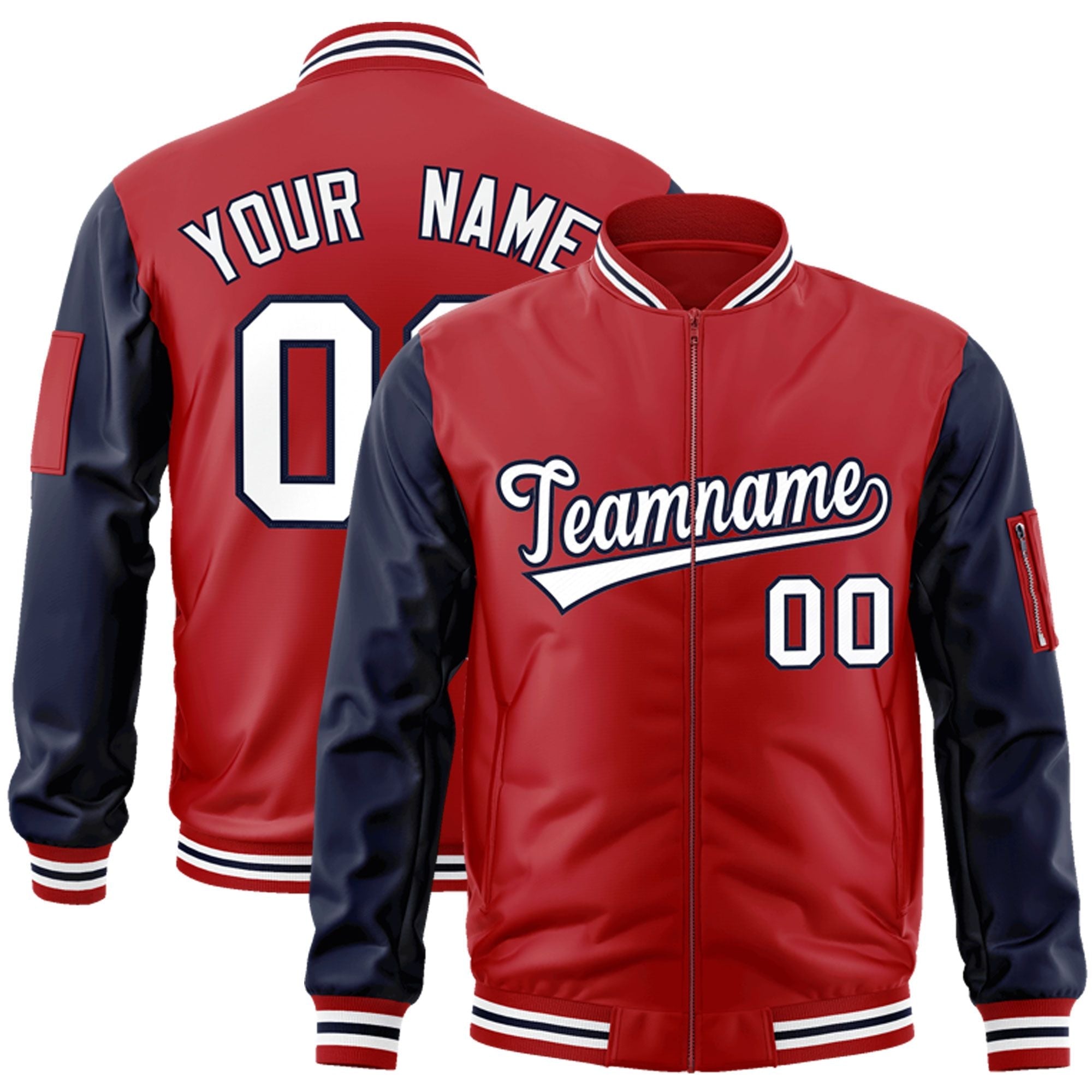 Custom Red Navy-White Varsity Full-Zip Raglan Sleeves Letterman Bomber Jacket