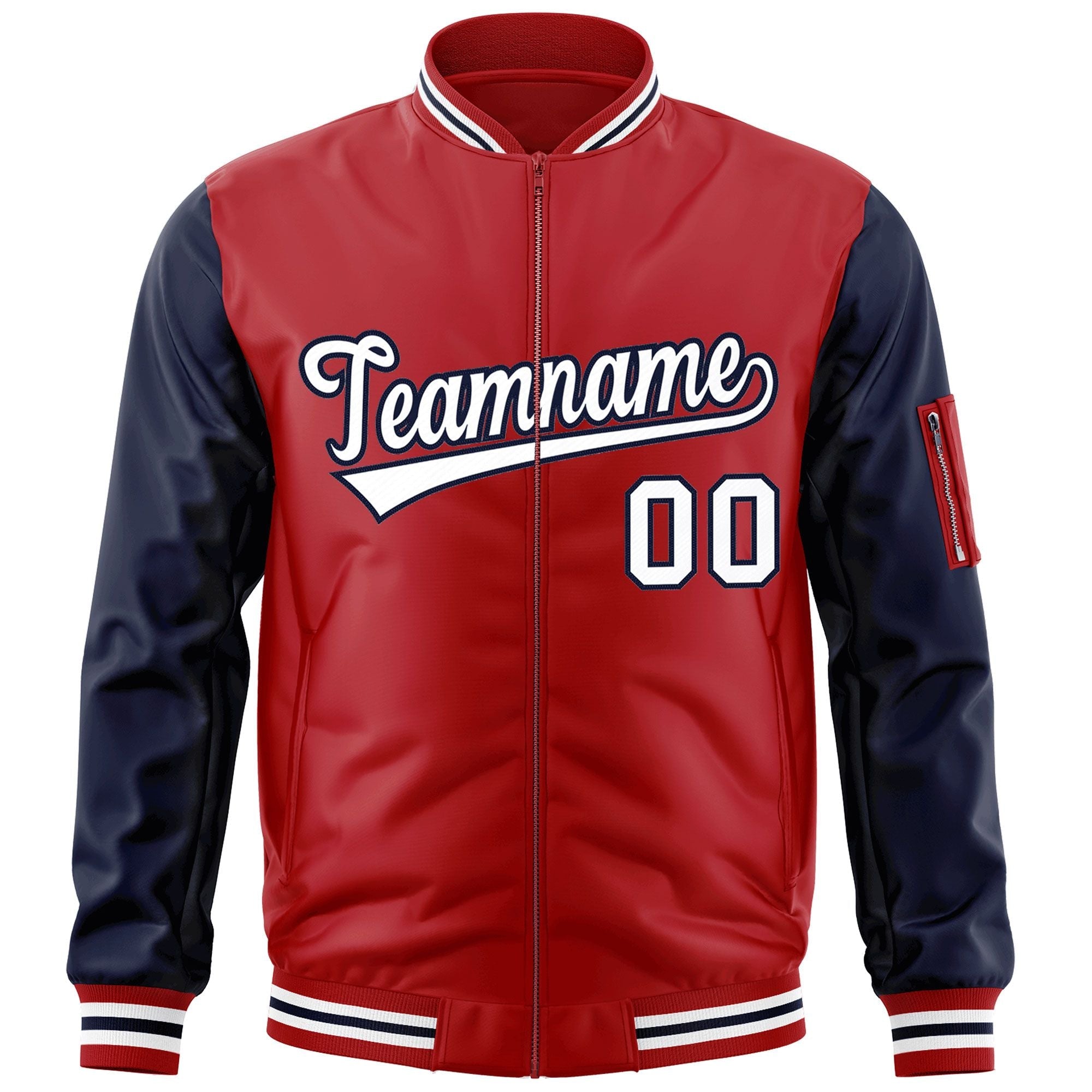 Custom Red Navy-White Varsity Full-Zip Raglan Sleeves Letterman Bomber Jacket