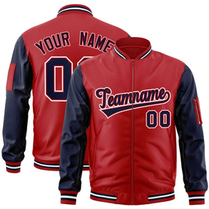 Custom Red Navy-White Varsity Full-Zip Raglan Sleeves Letterman Bomber Jacket