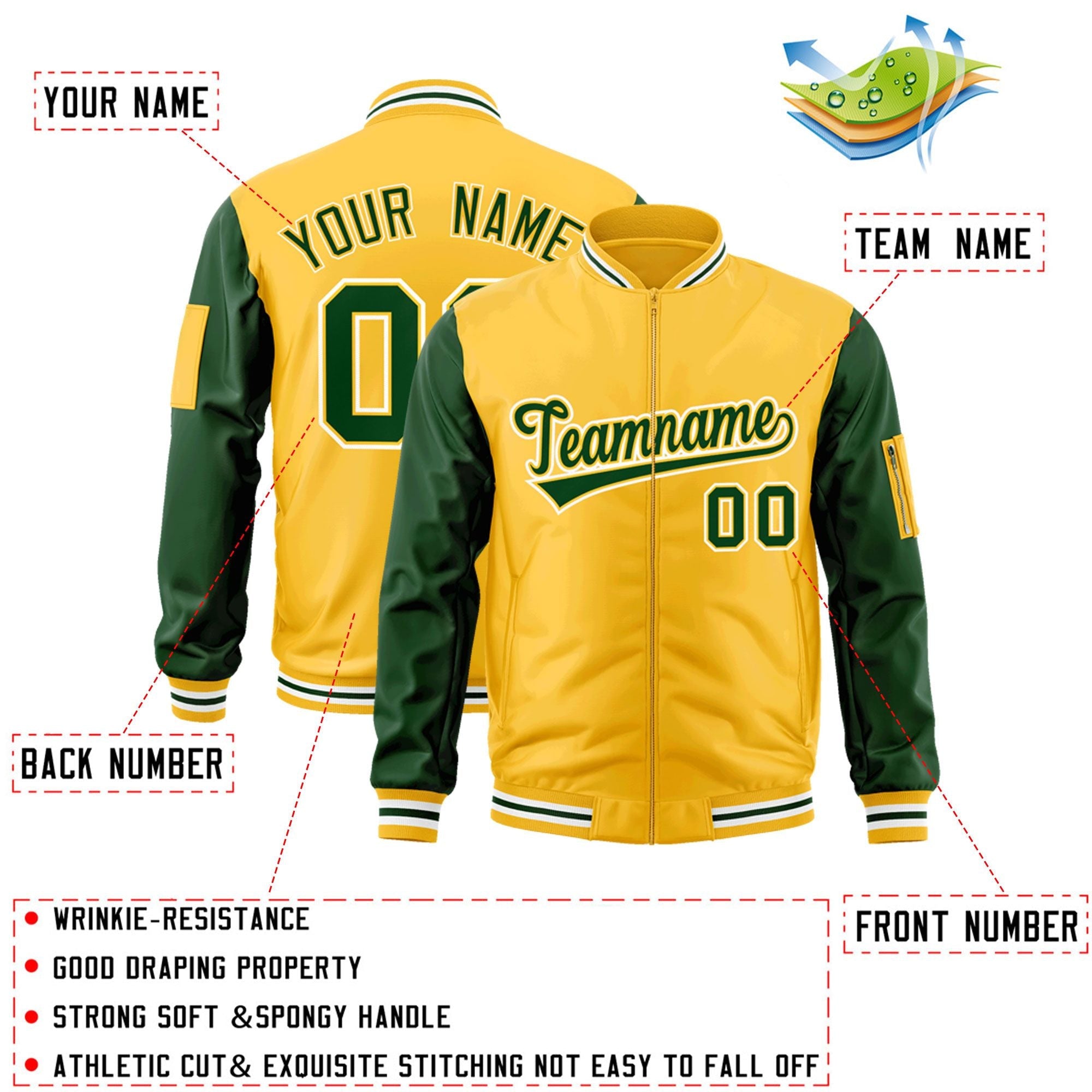 Custom Gold Green-White Varsity Full-Zip Raglan Sleeves Letterman Bomber Jacket