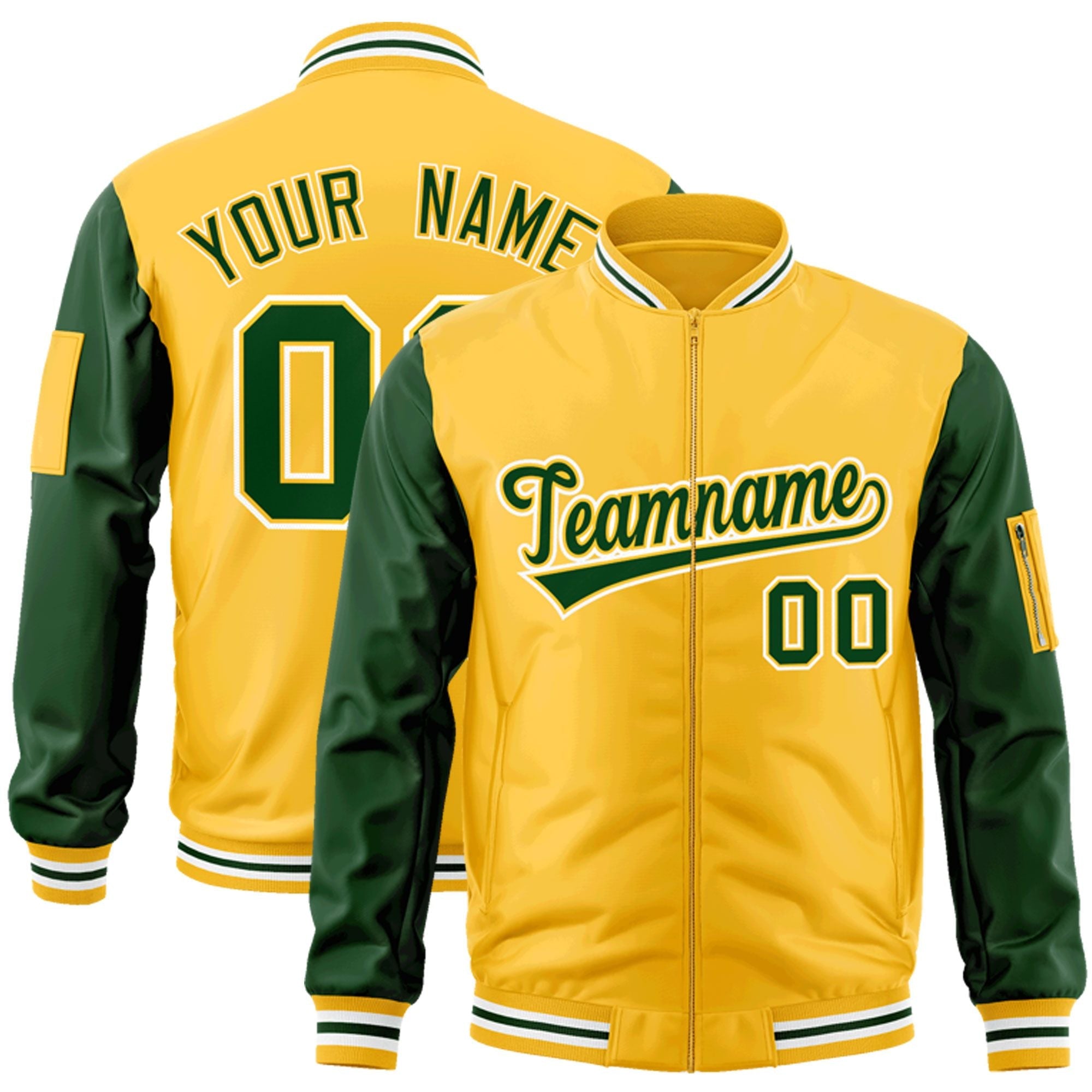 Custom Gold Green-White Varsity Full-Zip Raglan Sleeves Letterman Bomber Jacket