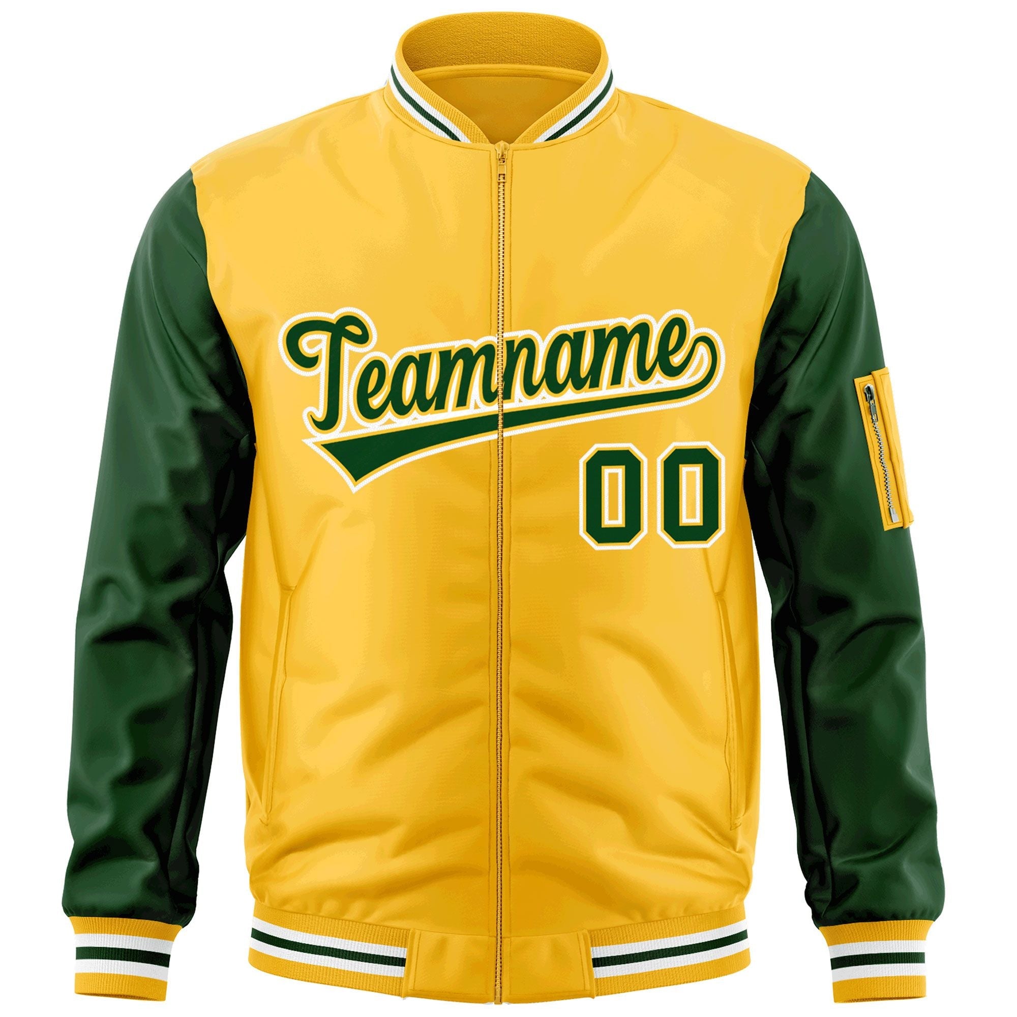 Custom Gold Green-White Varsity Full-Zip Raglan Sleeves Letterman Bomber Jacket