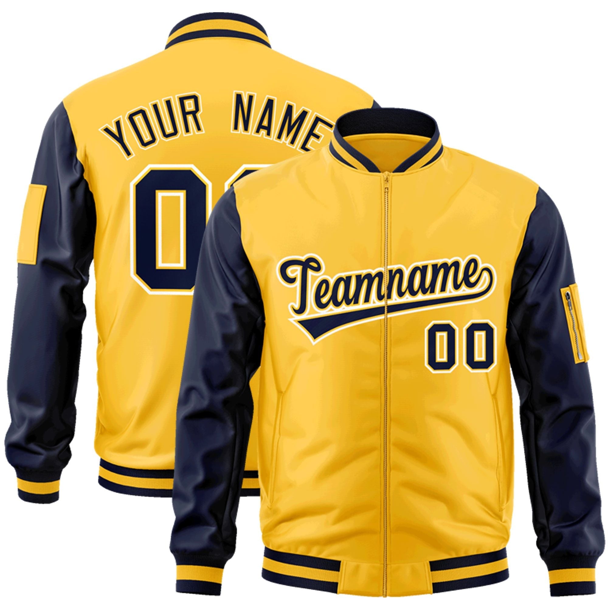 Custom Gold Navy-White Varsity Full-Zip Raglan Sleeves Letterman Bomber Jacket