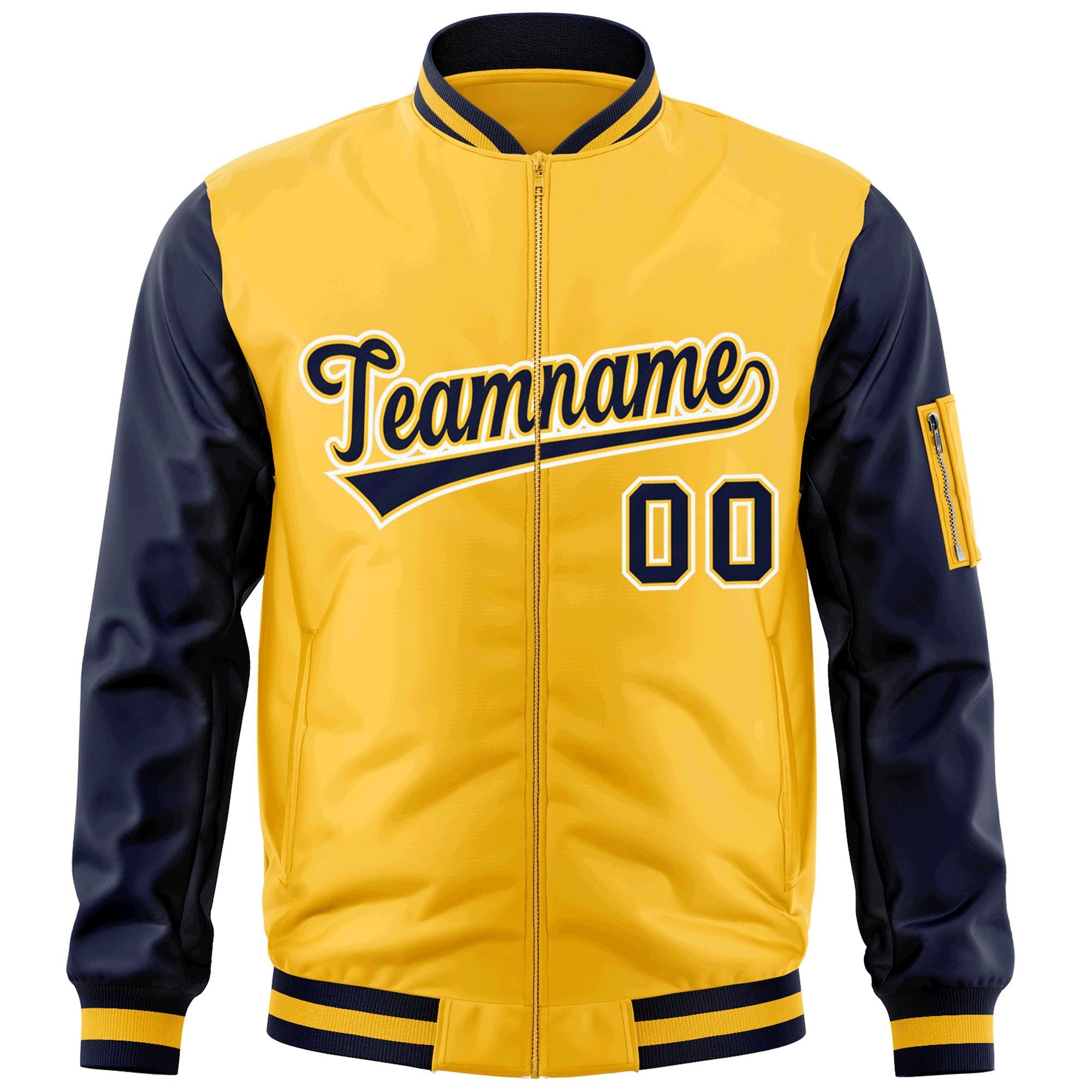 Custom Gold Navy-White Varsity Full-Zip Raglan Sleeves Letterman Bomber Jacket