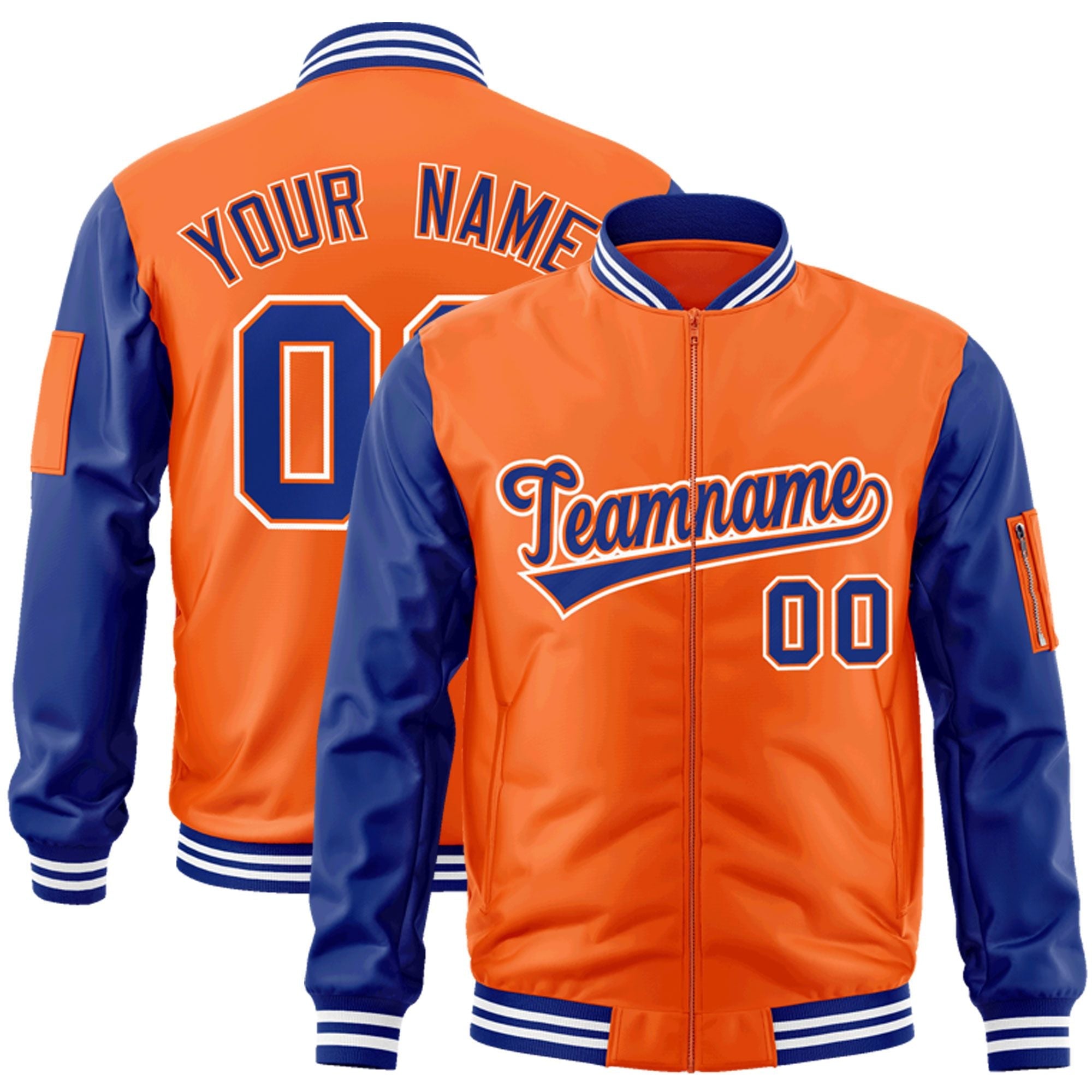 Custom Orange Royal-White Varsity Full-Zip Raglan Sleeves Letterman Bomber Jacket