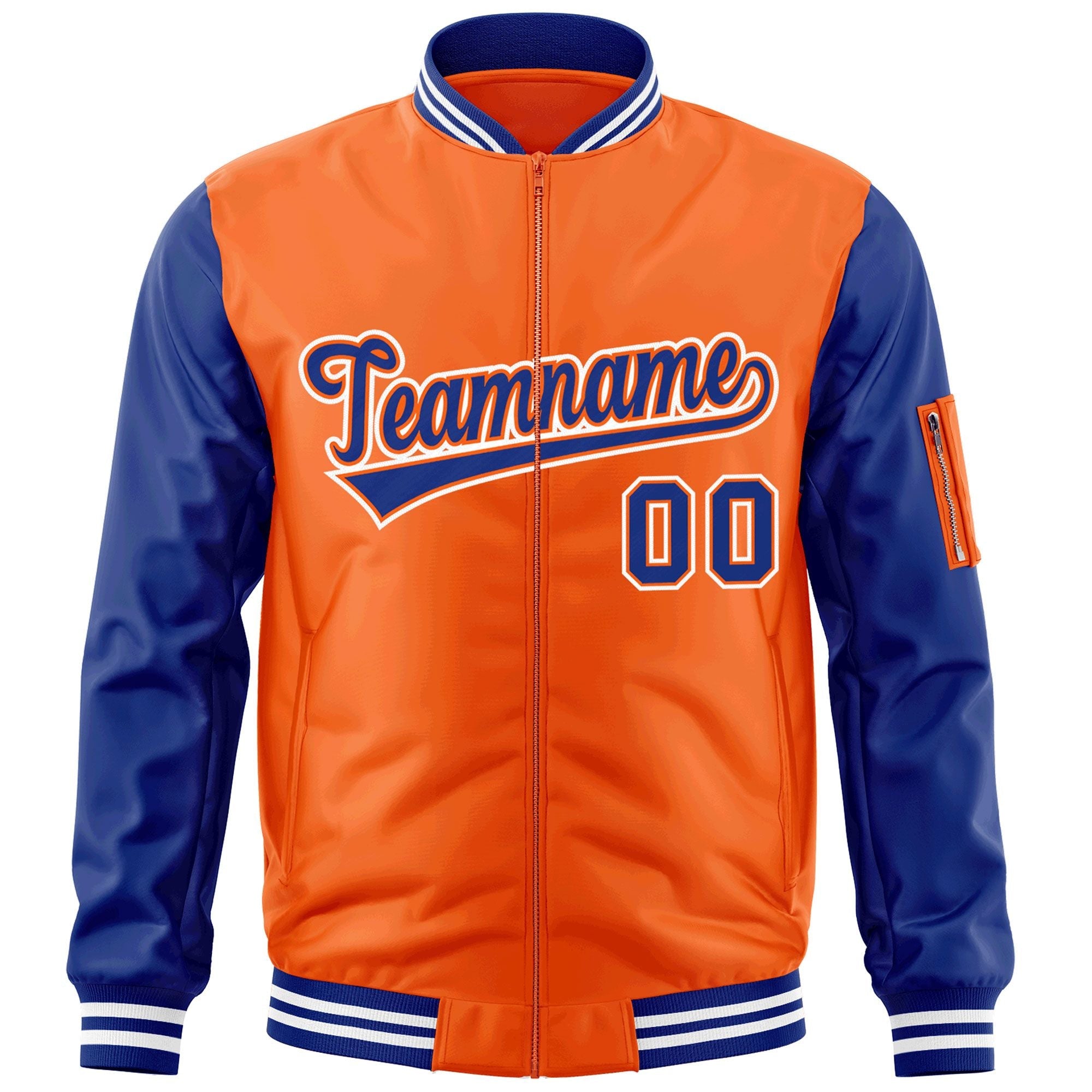 Custom Orange Royal-White Varsity Full-Zip Raglan Sleeves Letterman Bomber Jacket