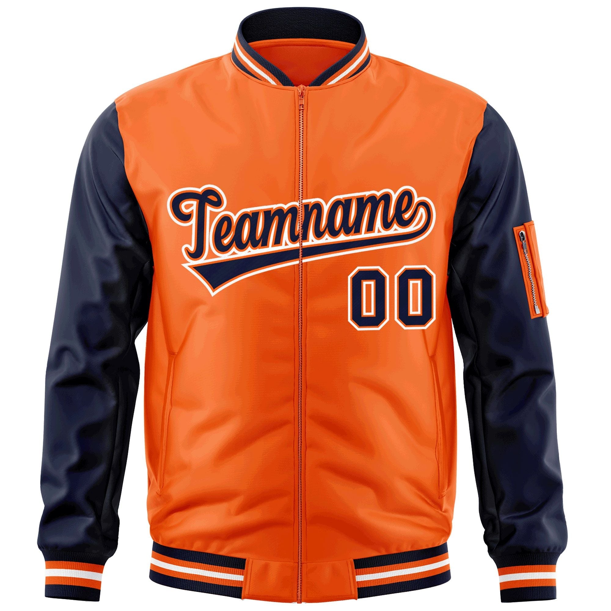 Custom Orange Navy-White Varsity Full-Zip Raglan Sleeves Letterman Bomber Jacket