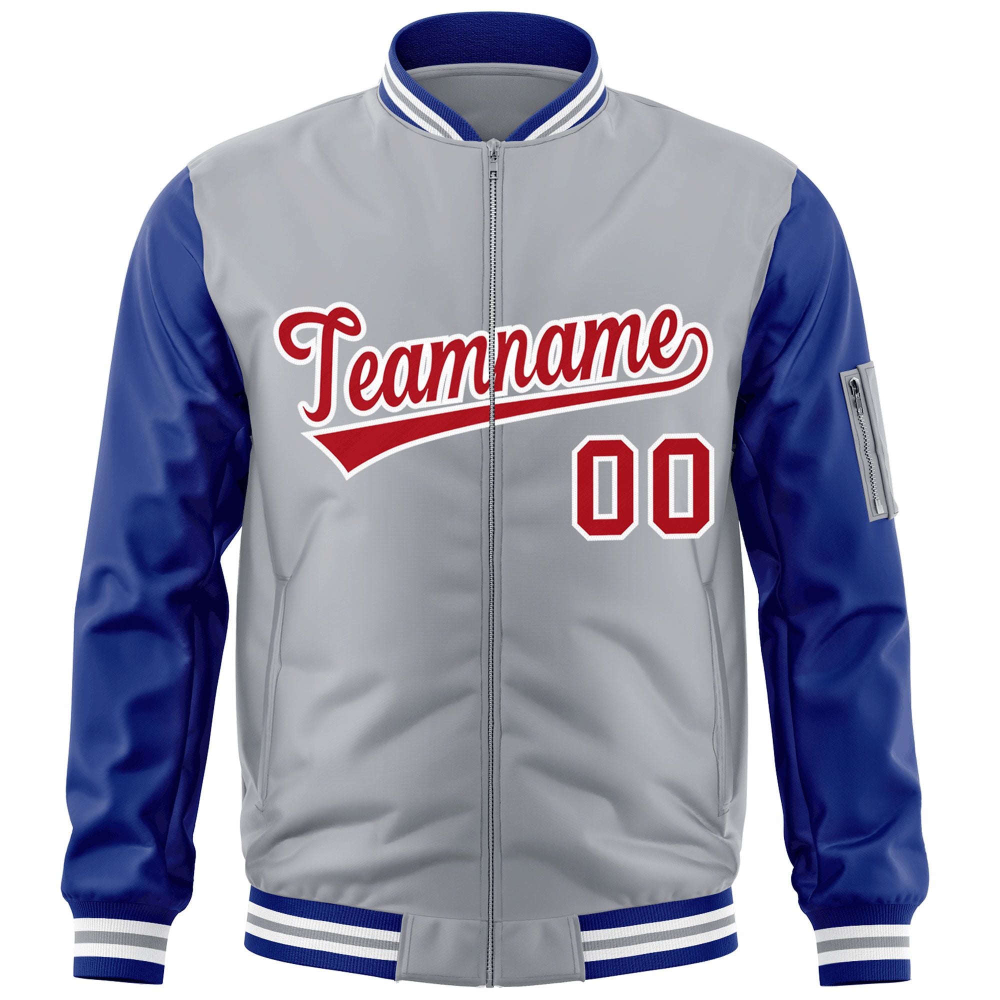 Custom Gray Royal-Red Varsity Full-Zip Raglan Sleeves Letterman Bomber Jacket