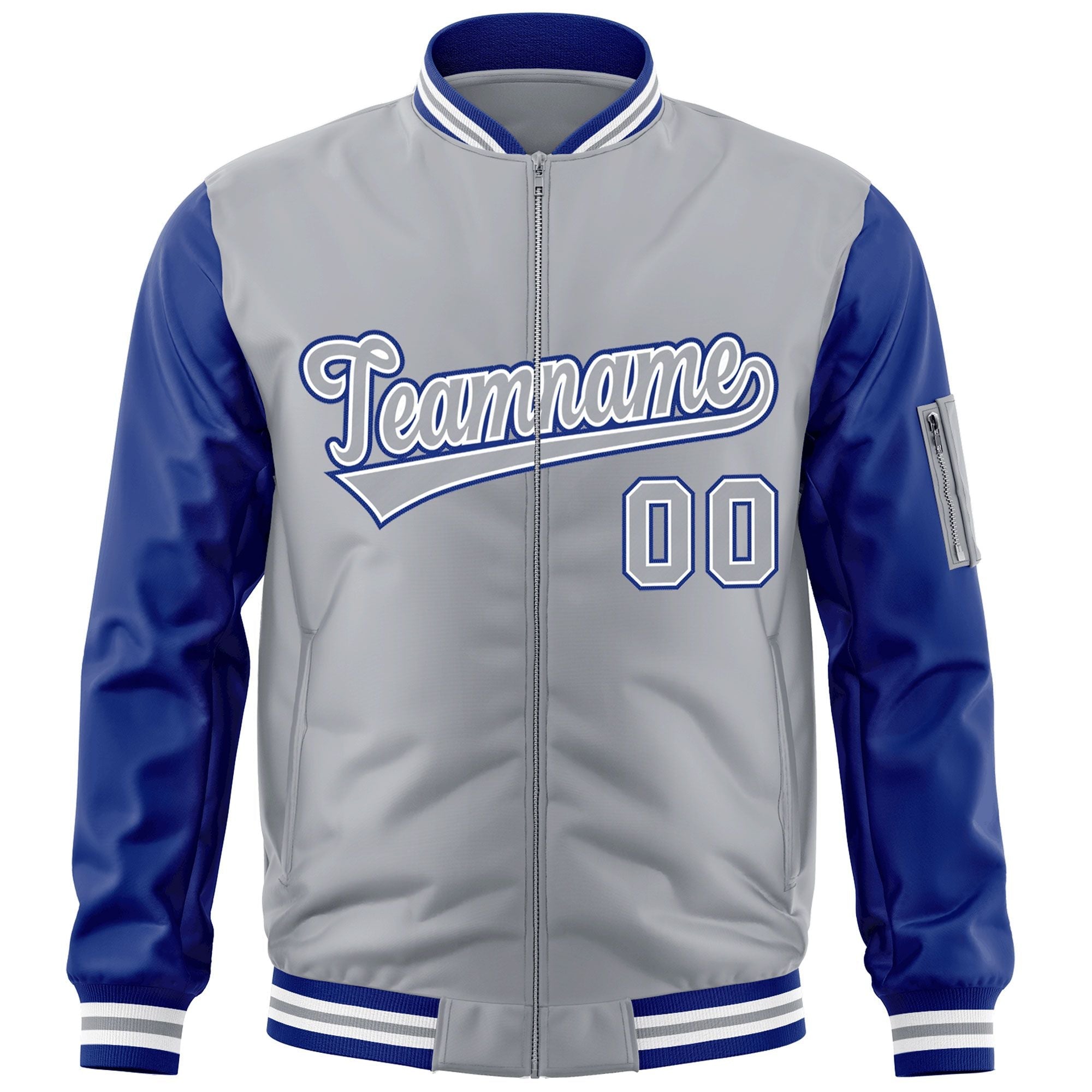 Custom Gray Royal-WhiteVarsity Full-Zip Raglan Sleeves Letterman Bomber Jacket