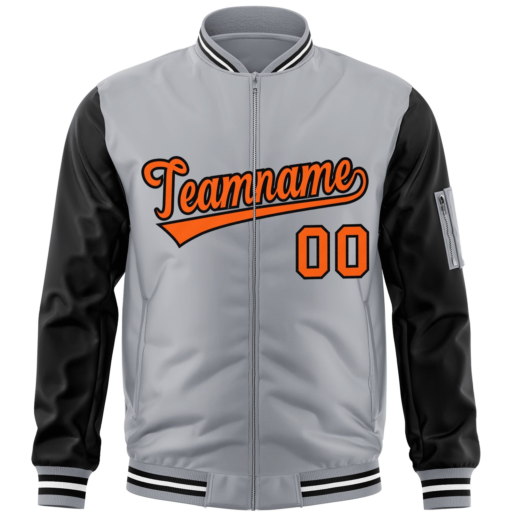 Custom Gray Black-Orange Varsity Full-Zip Raglan Sleeves Letterman Bomber Jacket