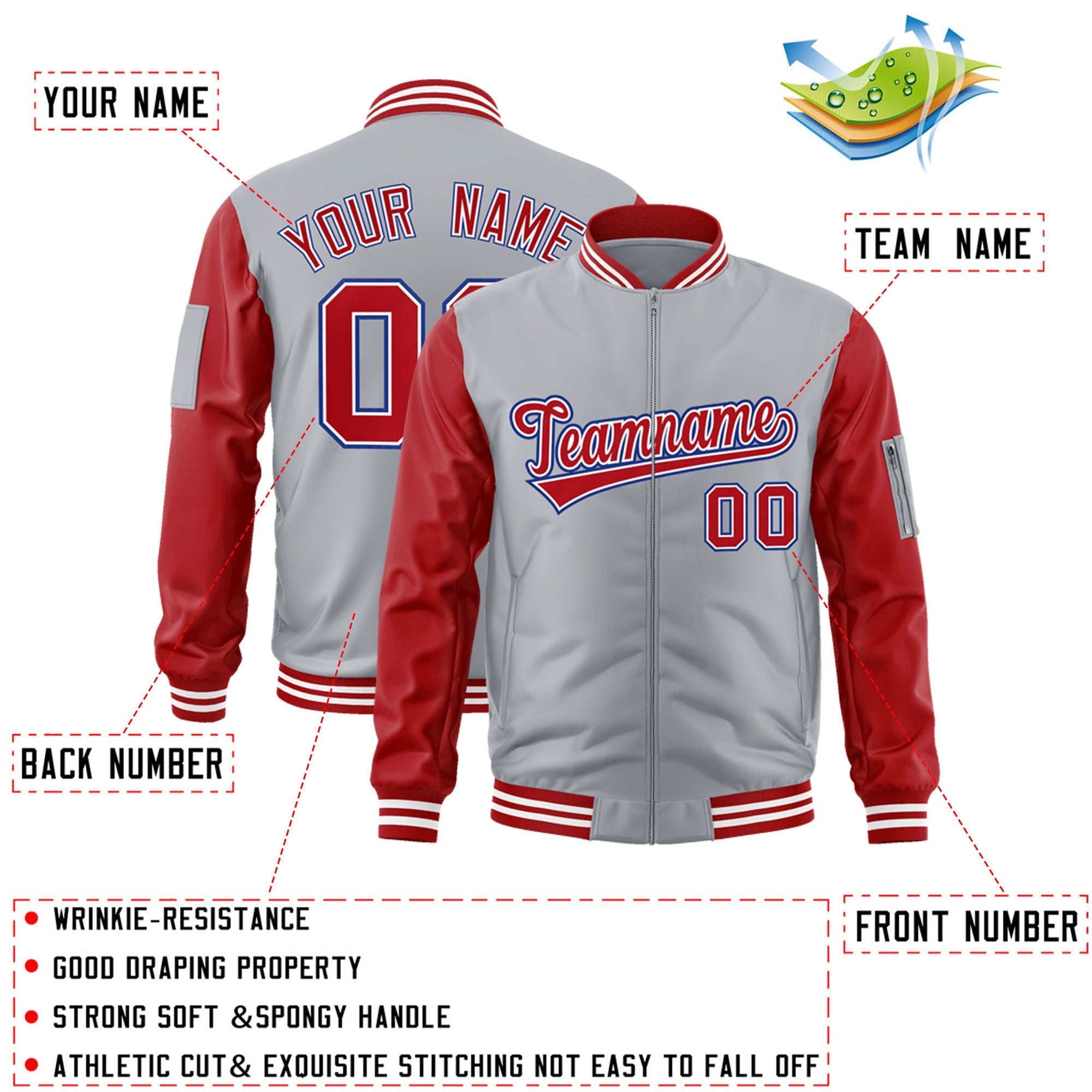 Custom Gray Red-Royal Varsity Full-Zip Raglan Sleeves Letterman Bomber Jacket