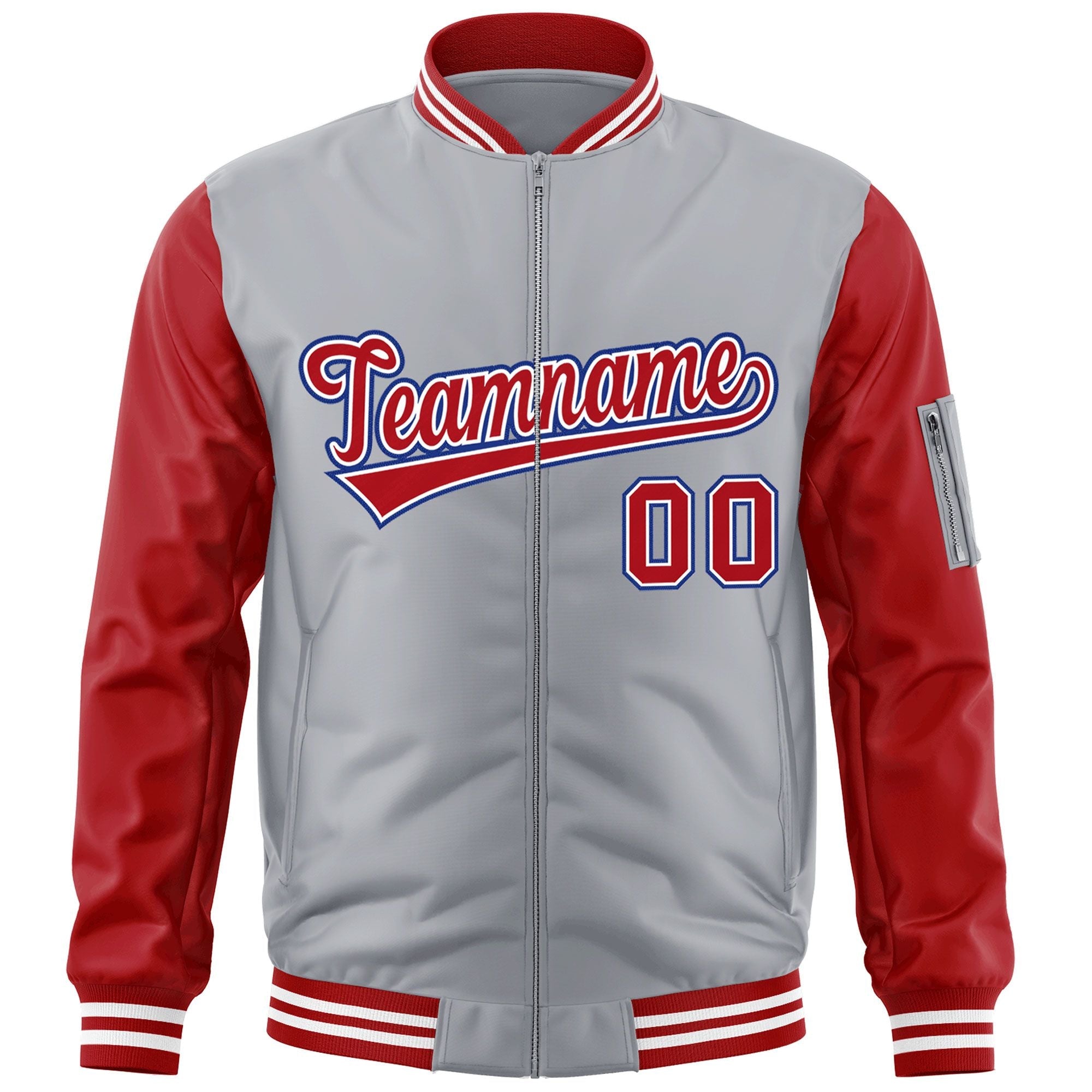 Custom Gray Red-Royal Varsity Full-Zip Raglan Sleeves Letterman Bomber Jacket