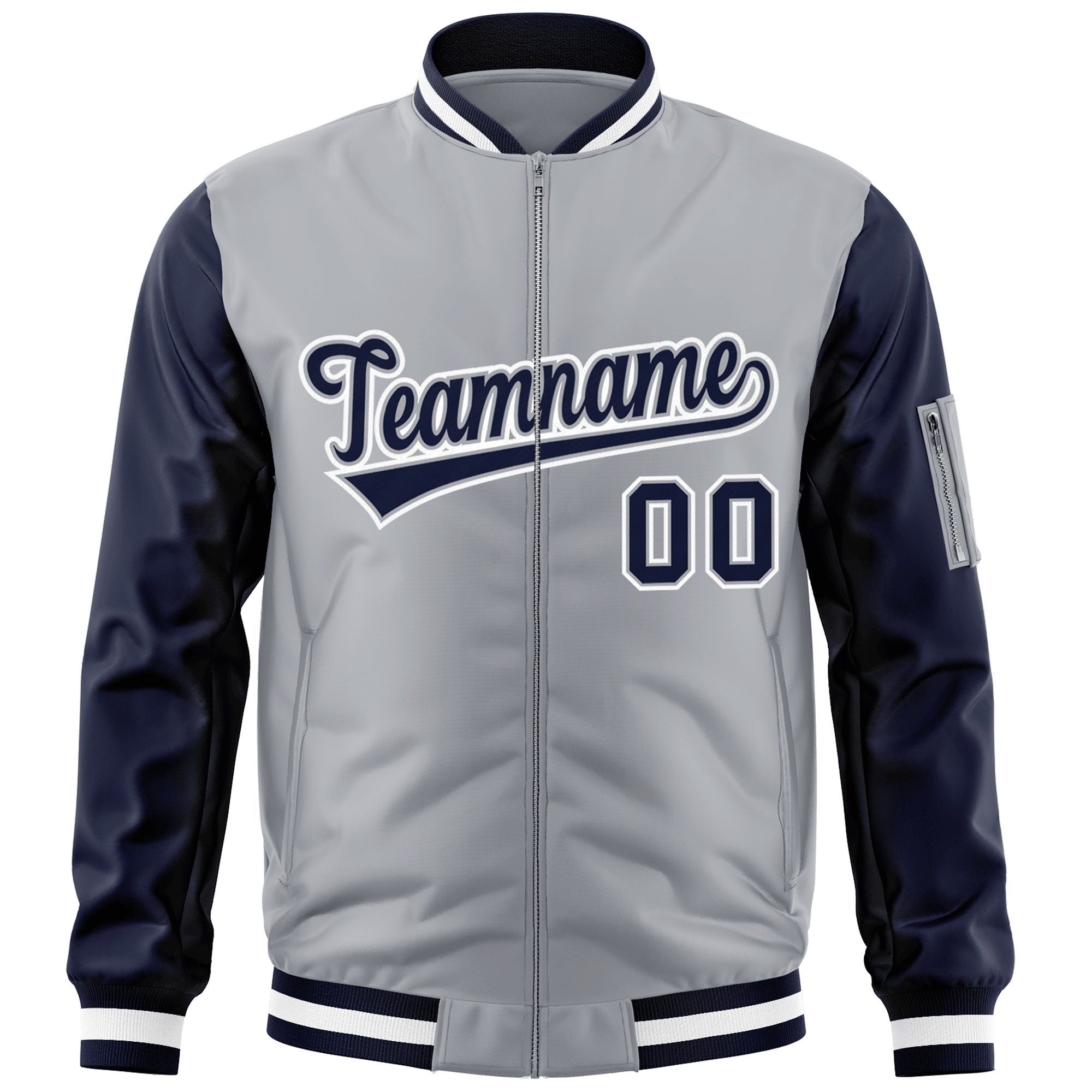 Custom Gray Navy-White Varsity Full-Zip Raglan Sleeves Letterman Bomber Jacket