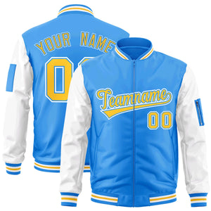 Custom Powder Blue White-Gold Varsity Full-Zip Raglan Sleeves Letterman Bomber Jacket