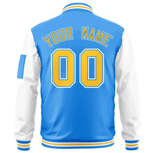 Custom Powder Blue White-Gold Varsity Full-Zip Raglan Sleeves Letterman Bomber Jacket