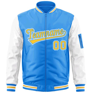 Custom Powder Blue White-Gold Varsity Full-Zip Raglan Sleeves Letterman Bomber Jacket