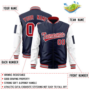 Custom Navy White-Red Varsity Full-Zip Raglan Sleeves Letterman Bomber Jacket