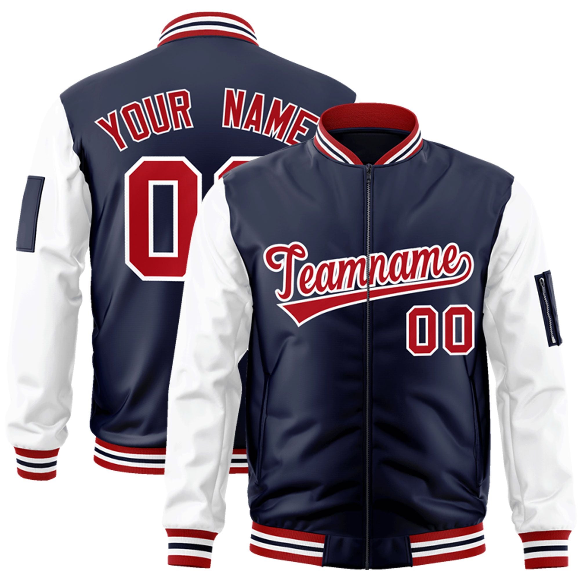 Custom Navy White-Red Varsity Full-Zip Raglan Sleeves Letterman Bomber Jacket