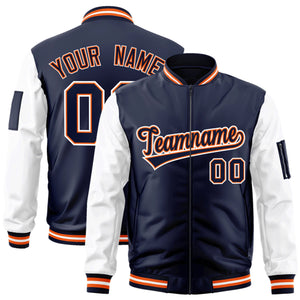 Custom Navy White-OrangeVarsity Full-Zip Raglan Sleeves Letterman Bomber Jacket