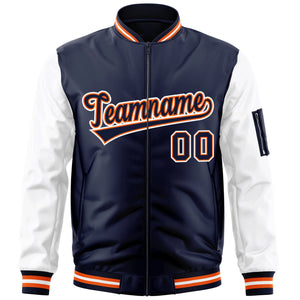 Custom Navy White-OrangeVarsity Full-Zip Raglan Sleeves Letterman Bomber Jacket