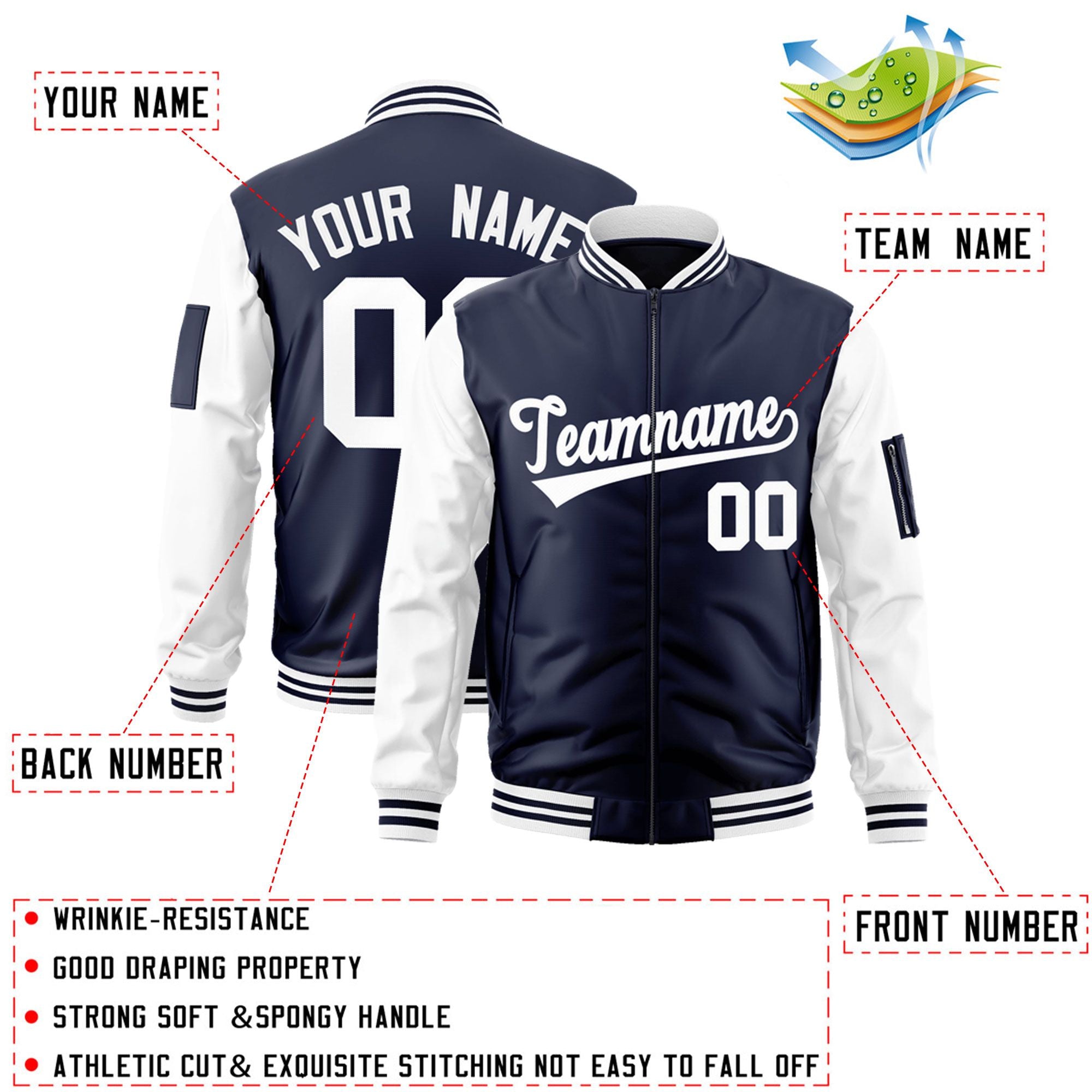 Custom Navy White Varsity Full-Zip Raglan Sleeves Letterman Bomber Jacket