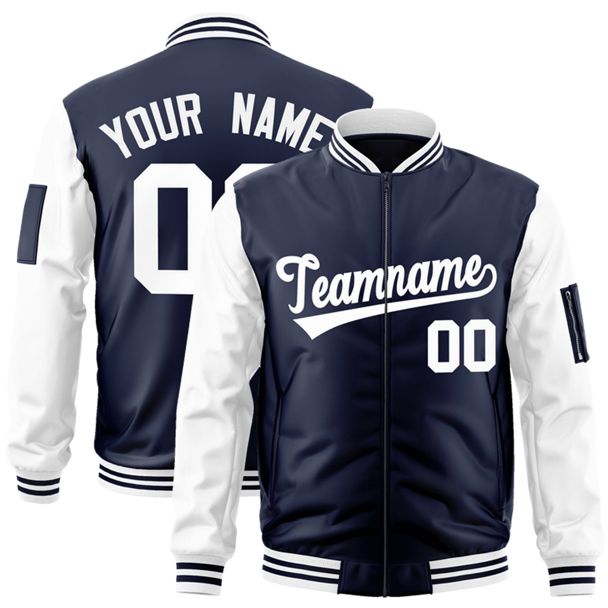 Custom Navy White Varsity Full-Zip Raglan Sleeves Letterman Bomber Jacket