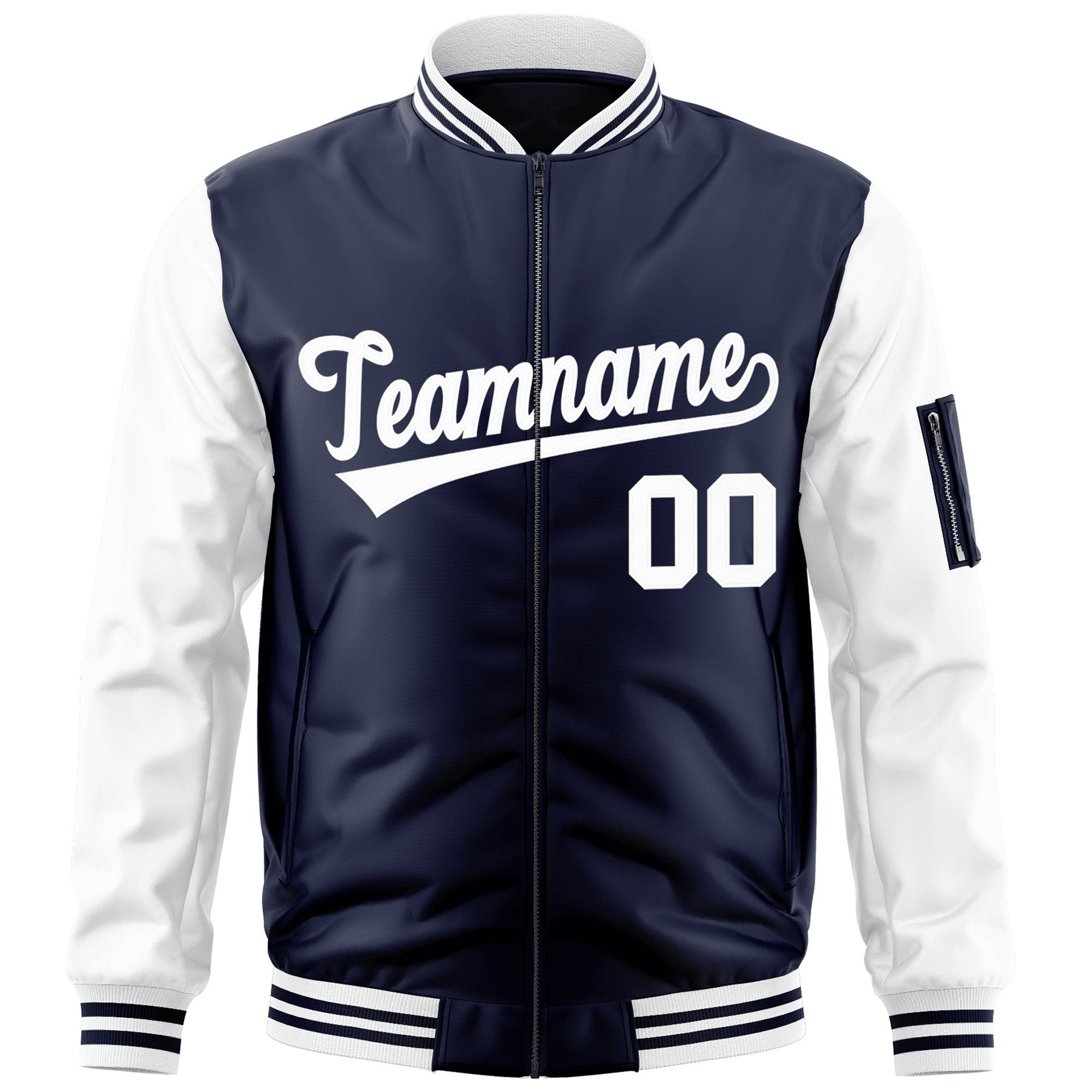 Custom Navy White Varsity Full-Zip Raglan Sleeves Letterman Bomber Jacket