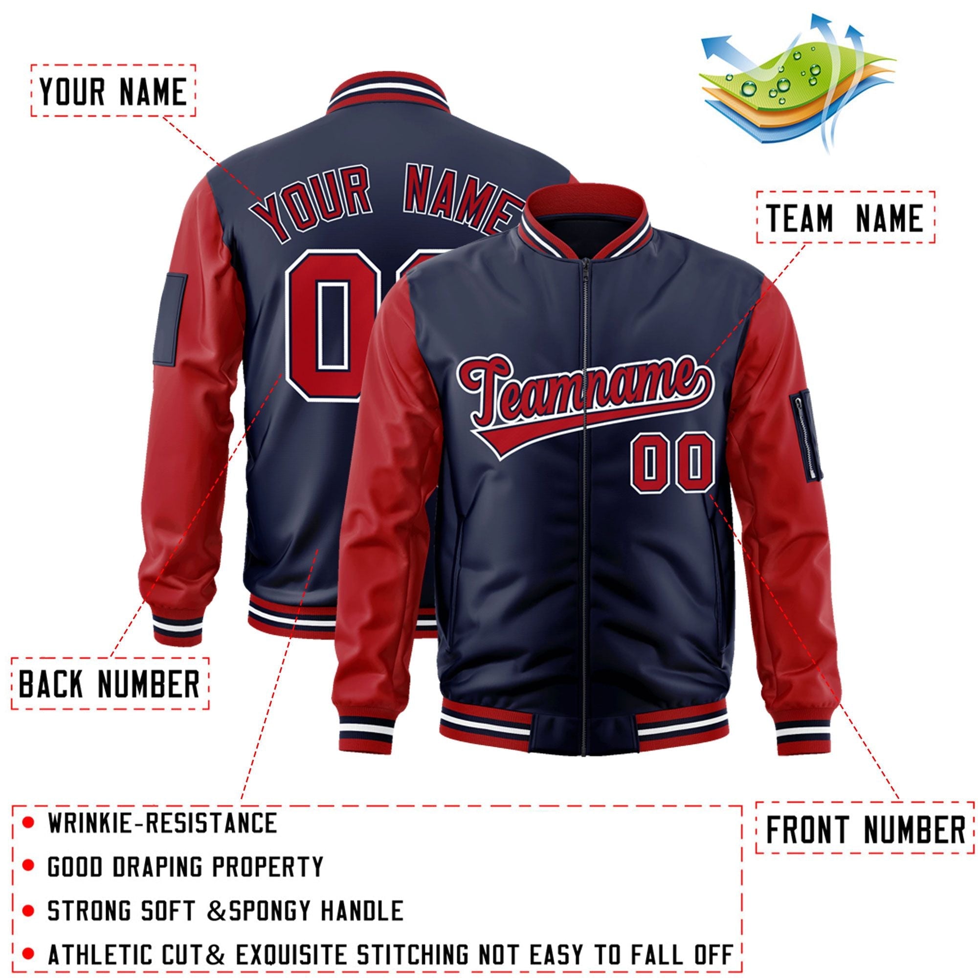 Custom Navy Red-White Varsity Full-Zip Raglan Sleeves Letterman Bomber Jacket