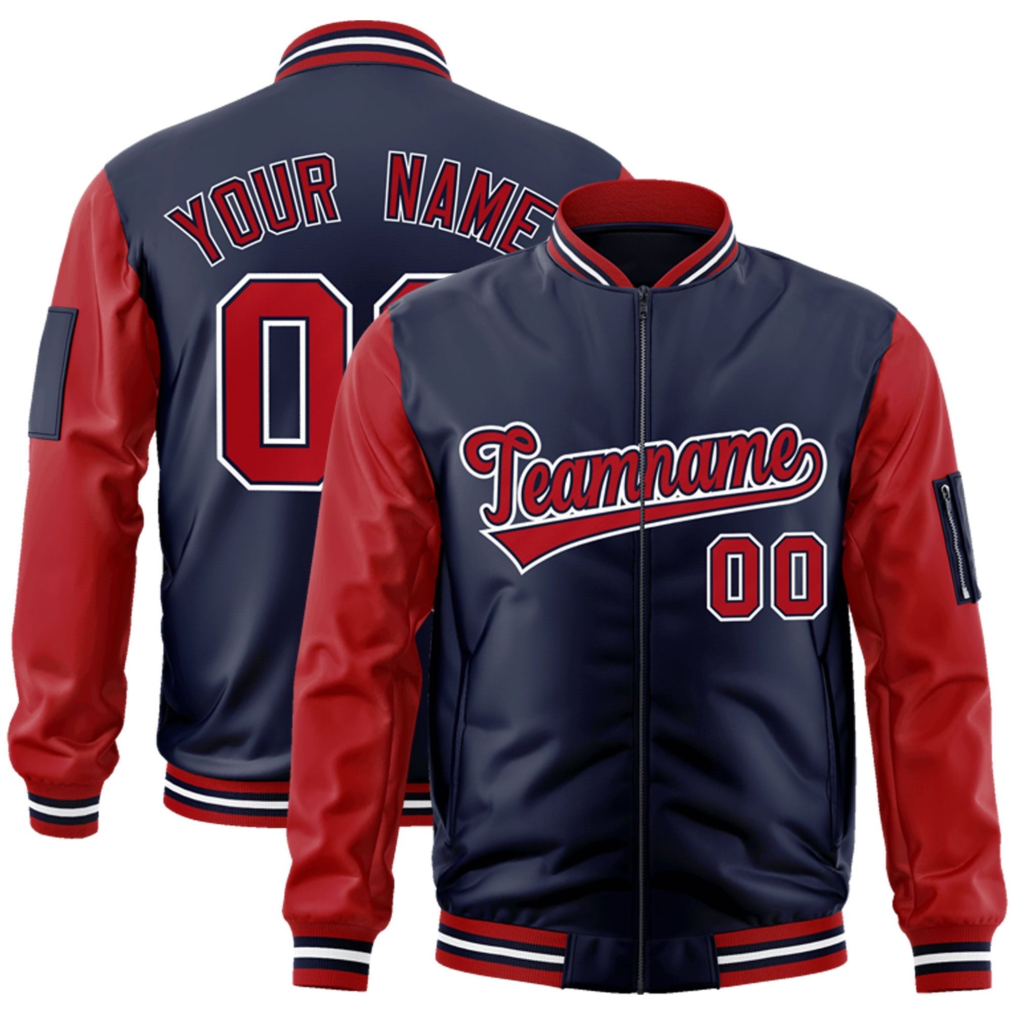 Custom Navy Red-White Varsity Full-Zip Raglan Sleeves Letterman Bomber Jacket