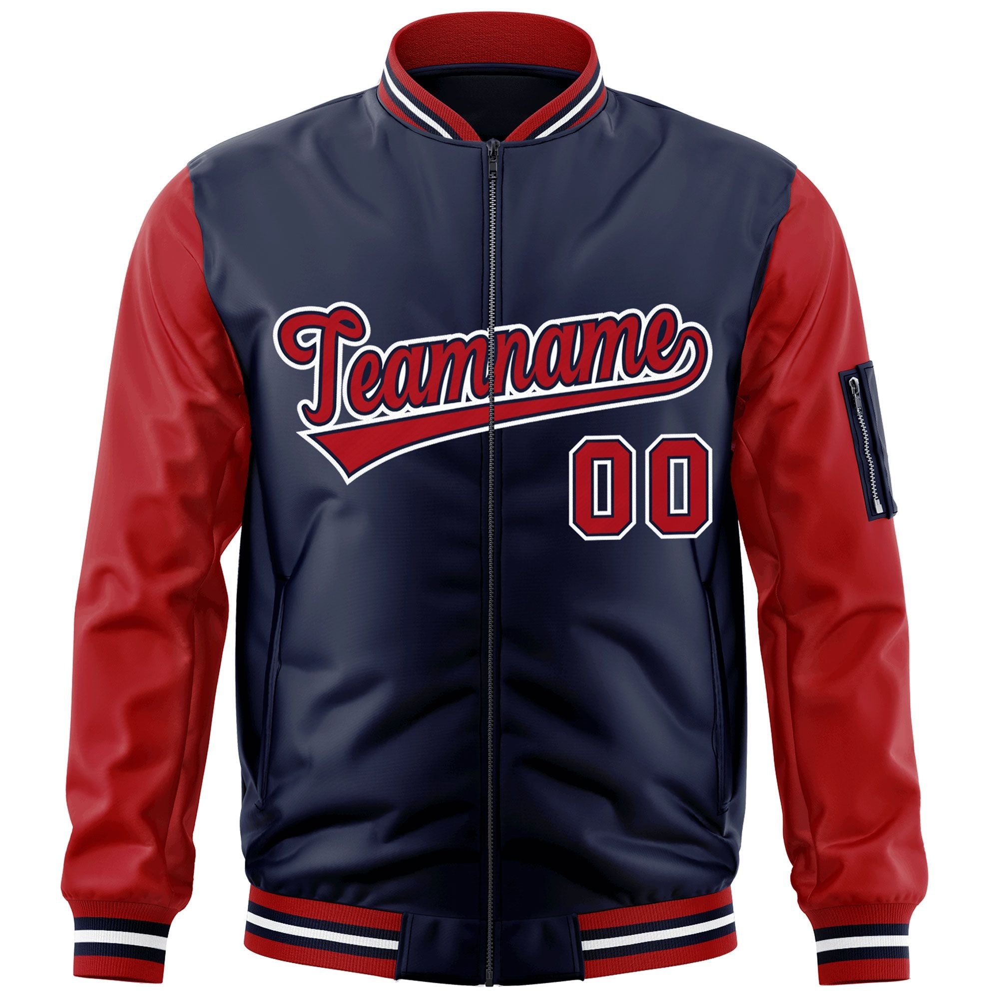 Custom Navy Red-White Varsity Full-Zip Raglan Sleeves Letterman Bomber Jacket