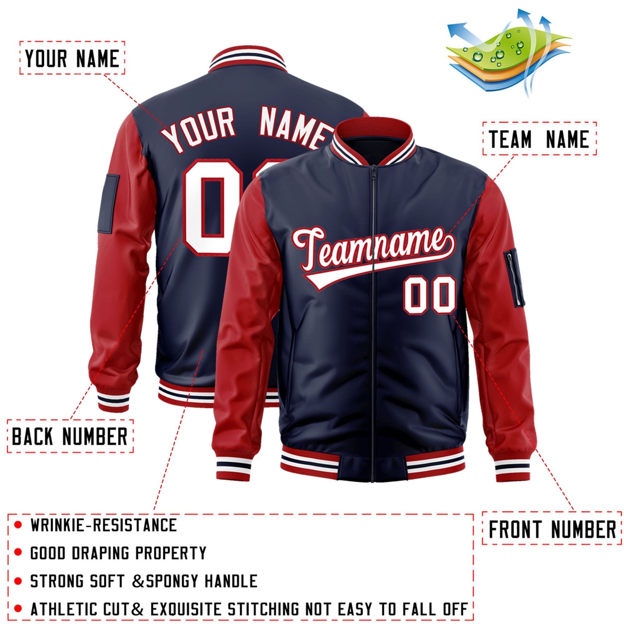 Custom Navy Red-White Varsity Full-Zip Raglan Sleeves Letterman Bomber Jacket