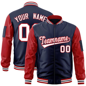 Custom Navy Red-White Varsity Full-Zip Raglan Sleeves Letterman Bomber Jacket