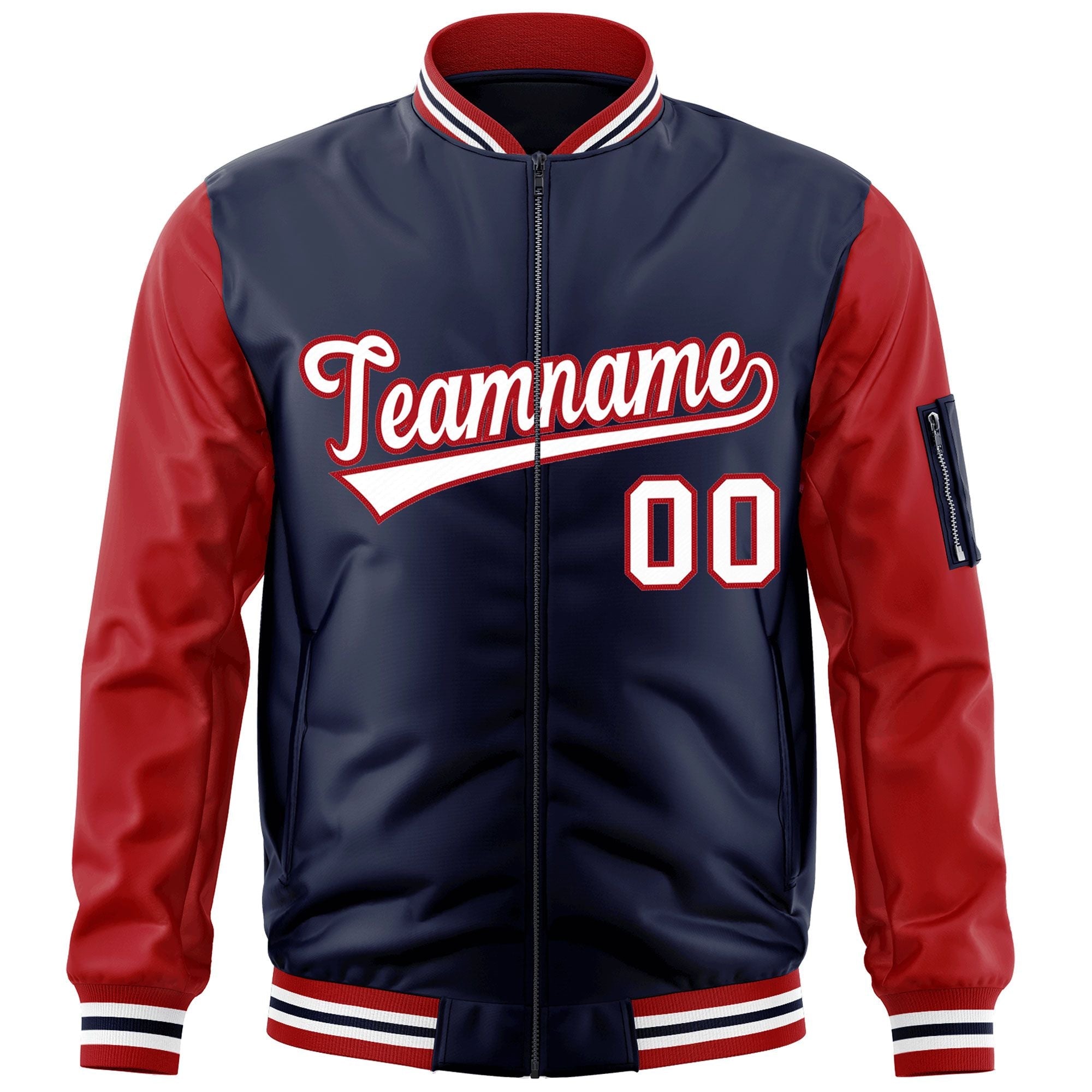 Custom Navy Red-White Varsity Full-Zip Raglan Sleeves Letterman Bomber Jacket