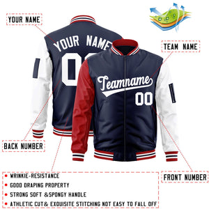 Custom Navy Red-White Varsity Full-Zip Raglan Sleeves Letterman Bomber Jacket