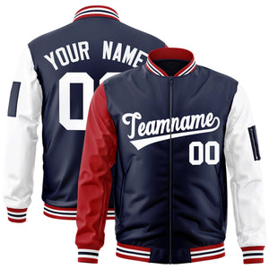 Custom Navy Red-White Varsity Full-Zip Raglan Sleeves Letterman Bomber Jacket