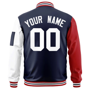 Custom Navy Red-White Varsity Full-Zip Raglan Sleeves Letterman Bomber Jacket