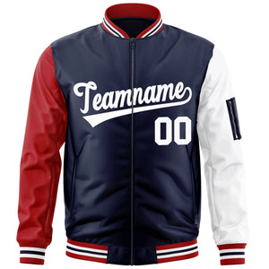 Custom Navy Red-White Varsity Full-Zip Raglan Sleeves Letterman Bomber Jacket