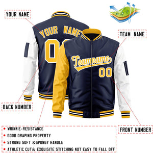 Custom Navy Gold-White Varsity Full-Zip Raglan Sleeves Letterman Bomber Jacket