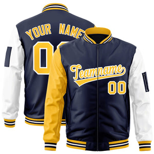 Custom Navy Gold-White Varsity Full-Zip Raglan Sleeves Letterman Bomber Jacket