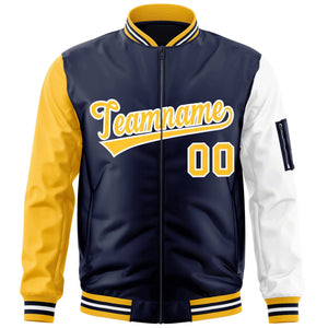 Custom Navy Gold-White Varsity Full-Zip Raglan Sleeves Letterman Bomber Jacket