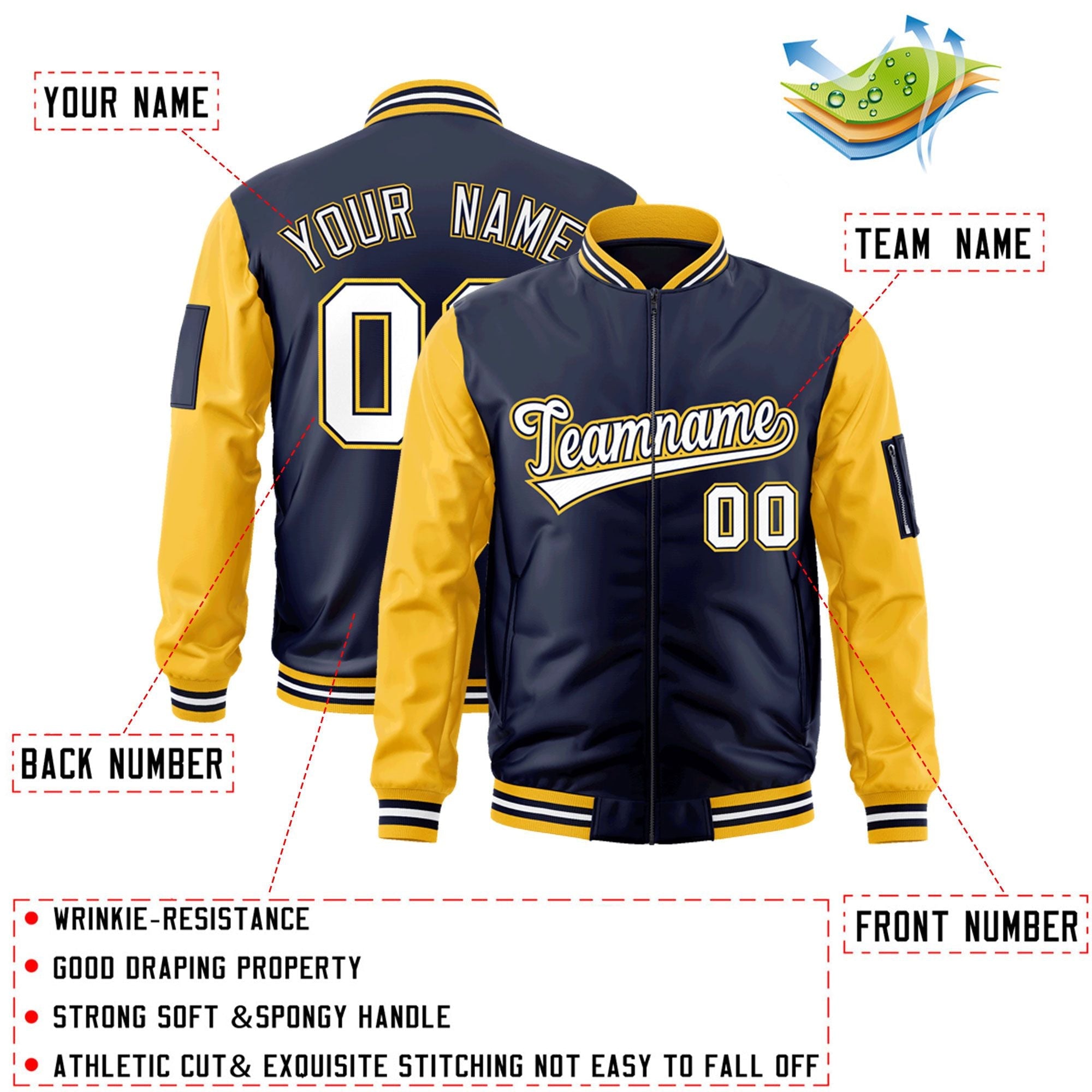 Custom Navy Gold-White-Varsity Full-Zip Raglan Sleeves Letterman Bomber Jacket