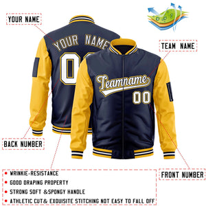 Custom Navy Gold-White-Varsity Full-Zip Raglan Sleeves Letterman Bomber Jacket